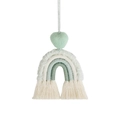 Detail of mint green macrame rainbow car charm with heart bead and cotton tassels - Mint Green Rainbow