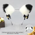 Handmade black and white plush cat ears headband with black bows and golden bells - One Size / Folded Ear Ding-Dong - White & Black