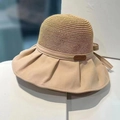 Women's wide brim sun hat with khaki pleated fabric and straw patchwork detail - Khaki Leather Label