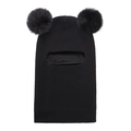 Close-up of black knitted baby balaclava featuring plush faux fur double pom poms - Black
