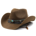 Chapeau de cow-boy tressé marron avec perles turquoise, pendentifs et mentonnière réglable - M (56-58cm) / café