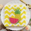 Pineapple and watermelon print paper napkins with yellow zigzag pattern for party decor - Yellow White Zigzag Pineapple Watermelon (1108)