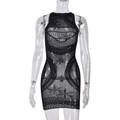 Detail of black mesh sleeveless dress with sparkling rhinestone embellishments and cutout - One Size / Black