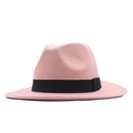 Elegant pink wool felt fedora hat with a classic wide brim and black ribbon band decor - M (56-58cm) / Light Pink