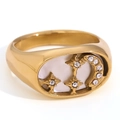 Golden titanium ring with white oval face featuring star and moon zircon patterns - Cast Oval Shell Star Moon Ring-Gold-Size 6