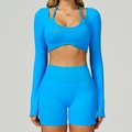 Ensemble de yoga 3 pièces bleu vif sans couture avec haut manches longues et short taille haute - S / Long Sleeve+Shorts - Electric Blue