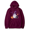Burgundy Halloween hoodie with cartoon ghost and pumpkin graphics for men and women - Burgundy