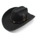 Detail of black wool cowboy hat with leather band, metal studs and spotted feather - M (56-59cm) / Black