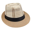 Detailed view of the plaid weave texture and black satin band on this vintage fedora hat - One Size / Khaki