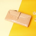 Elegant beige long wallet in crocodile pattern leather with multi-card slots and snap - Long Style / Pink