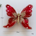 Red velvet Christmas butterfly ornament with gold glitter and rhinestones, 25cm size - Red