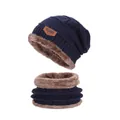 Kids' winter knit hat and scarf set in navy blue with thick brown faux fur lining - Navy Blue