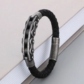 Men's black braided leather bracelet with vintage silver mechanical chain links - 19cm / Style A Antique Silver