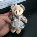 Linen teddy bear plush keychain in light brown with brown plaid dress and wood buttons - Brown White Bowknot Female Bear / 11cm