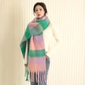 Pink green and purple plaid mohair scarf with long tassels for winter warmth - Green Pink Purple Plaid