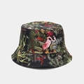 Detail of reversible bucket hat with tropical forest animals and exotic leaf pattern - Style 3-Black Tropical Jungle