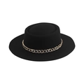 Classic black wool felt boater hat with a stylish gold chain band and flat wide brim - Chain / Black