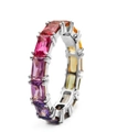 Rainbow eternity ring with rectangular-cut multi-color cubic zirconia in silver finish - Ur0682b