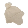 Detaillierte Strickstruktur der dicken Kinder-Wintermütze mit flauschigem Pompon-Dekor - 2-6 Jahre / Gebrochenes Weiß