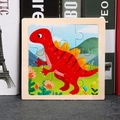 Square wooden puzzle featuring a red cartoon dinosaur for kids early learning - Stegosaurus