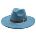 Detail of blue wide-brim fedora hat featuring a brown braided leather band with metal buckle - M (56-59cm) / Peacock Blue (Suede)