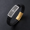 Bracciale da uomo in pelle nera con croce d'argento e chiusura magnetica oro - Oro