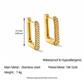 Gold plated stainless steel rectangular hoop earrings with paved white zircon stones - Rectangular Pave Rhinestone Hoop Style (YE35)