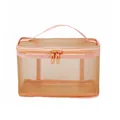 Orange mesh toiletry bag with double zippers and handle for travel organization - Single Layer / Orange