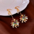 Detail shot of vintage gold flower drop earrings with multi-colored rhinestones - 25# Ear Hook Golden Colorful Gemstone