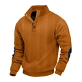 Details von orangefarbenem Strickpullover mit Stehkragen und dunkelblauen Ellbogen-Patches - S / Karamell 2
