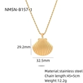 Golden stainless steel shell pendant necklace with size details on white background - Stainless Steel Gold Shell Necklace