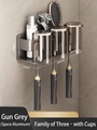 Space aluminum wall-mounted gun grey bathroom rack with 3 brown cups for 3 persons - Gun Grey Toothbrush Holder + 3 Wash Cups