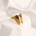 Adjustable gold wing ring with black enamel scales on stone pedestal background - Adjustable Open / 18K Gold Plated Wings Black