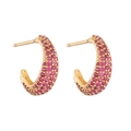 Detailed side view of gold C-shaped earrings with micro-paved rose red cubic zirconia stones - Gold-Plated Rose Red Zirconia C-Shape
