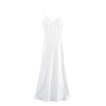 Detail of elegant white satin long dress featuring a backless design and thin straps - White