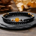 Double-layer beaded bracelet with black onyx, tiger eye stones and silver metal spacers - Double Layer Matte Black With Orange Bead
