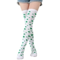 Thigh high white socks with green shamrock patterns for St. Patrick's Day party outfits - White Clover