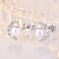 Elegant silver pearl earrings with sparkling crescent zircon accents and s925 studs - Platinum Crescent Pearl Stud Earrings (C109)