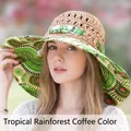 Detail of tropical rainforest pattern brim on a breathable brown woven sun hat - Sunflower Green Brim Khaki Top