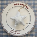 White star plush Christmas ornament with silver glitter and wooden bead hanging decor - Star - White