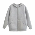 Grauer langer Kapuzenpulli aus Space-Cotton mit Reißverschluss und praktischen Kängurutaschen - XS / Grau