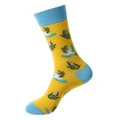 Yellow crew socks with blue accents featuring bird and floral patterns in cotton fabric - Yellow Pigeon Pattern (1185)