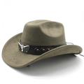 Olive green faux suede western cowboy hat with silver bull head logo and leather band - M (56-58cm) / Army Green (Faux Suede)