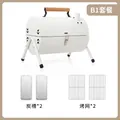 Barbecue a carbone portatile bianco con manici in legno e accessori per grigliate - Griglia Rotonda [Bianca] / Vasca per Carbone*2/Rete per Griglia*2