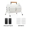 Portable white cylindrical charcoal BBQ grill set with wooden handles and extra racks - Round Grill [White] / Charcoal Trough*2/Grill Net*2
