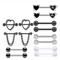 Set of black heart-shaped nipple shields and chain piercings in durable stainless steel - White