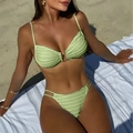 Lime green ribbed bikini set with metal buckle detail and side-tie bottom on beach - S / Matcha Green