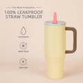 Yellow 40oz insulated tumbler with brown handle, pink straw, and 100% leakproof lid - 40oz / Style I
