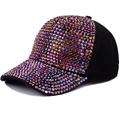 Black fashion baseball cap for women featuring iridescent rhinestones on brim and crown - Adjustable / Red Rhinestone Black Cloth