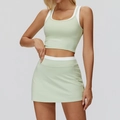 Two-piece light green yoga set with high-waist sports skirt and contrast tank top - S / Top And Bottom (Vest and Skirt) / Mint Green